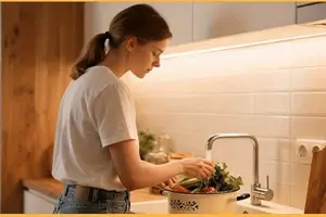 cozinha com iluminação de fita de led embutida